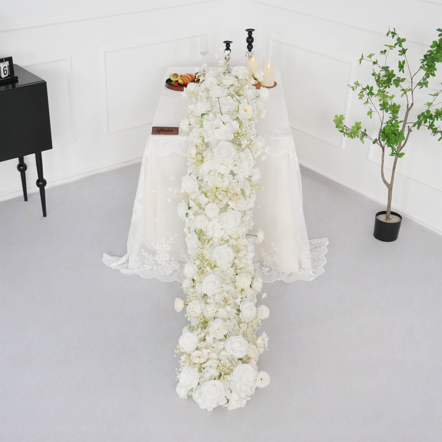 Uflower White Rose Table Runner Sofa Floral Wedding Backdrop Decor